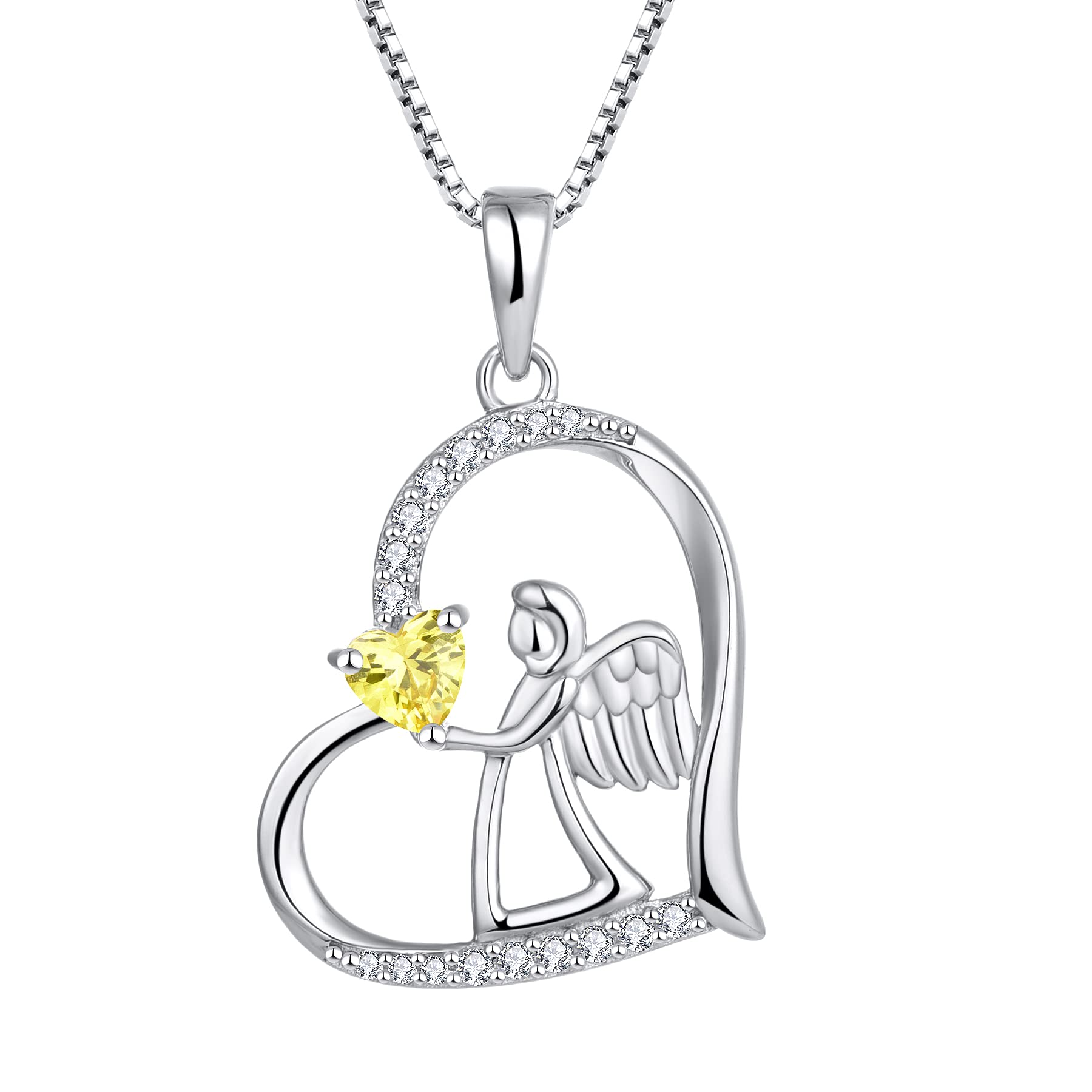 FJ Heart Guardian Angel Necklace 925 Sterling Silver Angel Wing Pendant Citrine Necklace November Birthstone Jewellery for Women