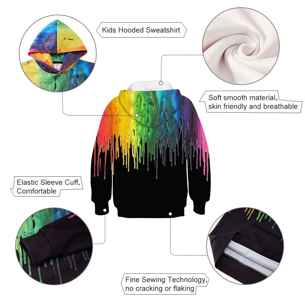 Boy\'s Designer Hoodies Colorful Paint Rainbow Crew Neck Thick Slippery Fashion Sweatshirts with Big Pocket Premium Quality Sweater for Gym School Daily (Black Melting,S)
