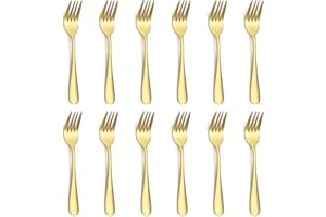 Evanda Gold Dessert Forks Set of 12 Pack, Golden Titanium Plating Pastry Fork, Family Appetizer Fork for Fruit, Cake, Cheese,