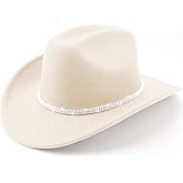 Western Cowboy Hats for Women Classic Felt Wide Brim Fedora Hat with Belt Buckle Retro Panama Hat Unisex Rolled up Cap