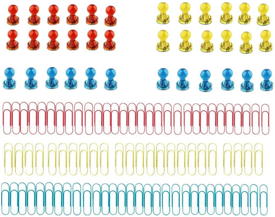 PTSNET Strong Push Pin Magnets Set, 3 Assorted Color Whiteboard Magnets with 100 PCS Paper Clips, Perfect Magnetic Push Pins for Refrigerator, Map, Calendar, Office, School, 36 Pack