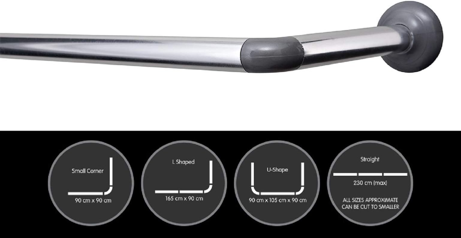 Aqualona 4 Way Shower Curtain Rail Kit | Extendible up to 230cm | Cut-to-Size, Extra Strong Multi-Functional Use | Slimline | Chrome