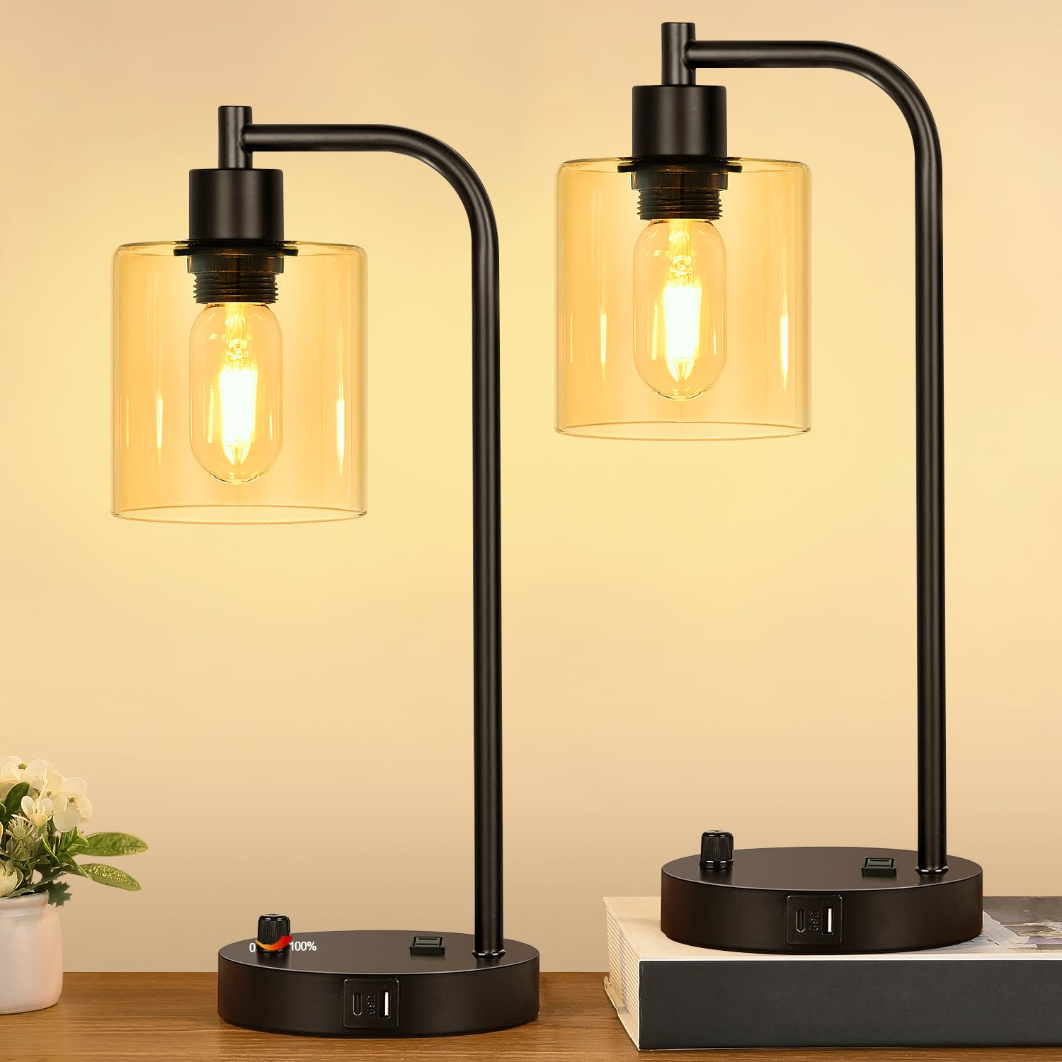 Photo 1 of Lynnoland Set of 2 Industrial Table Lamps with 2 USB Port, Black Nightstand Desk Lamps with Amber Glass Shade for Reading Living Room Office 2 LED Bulb