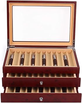 Amazon Com 3 Layer Wood Pen Display Box 34 Pen Organizer Box Pen Display Case Storage And Fountain Pen Collector Organizer Box With Glass Window Red Office Products