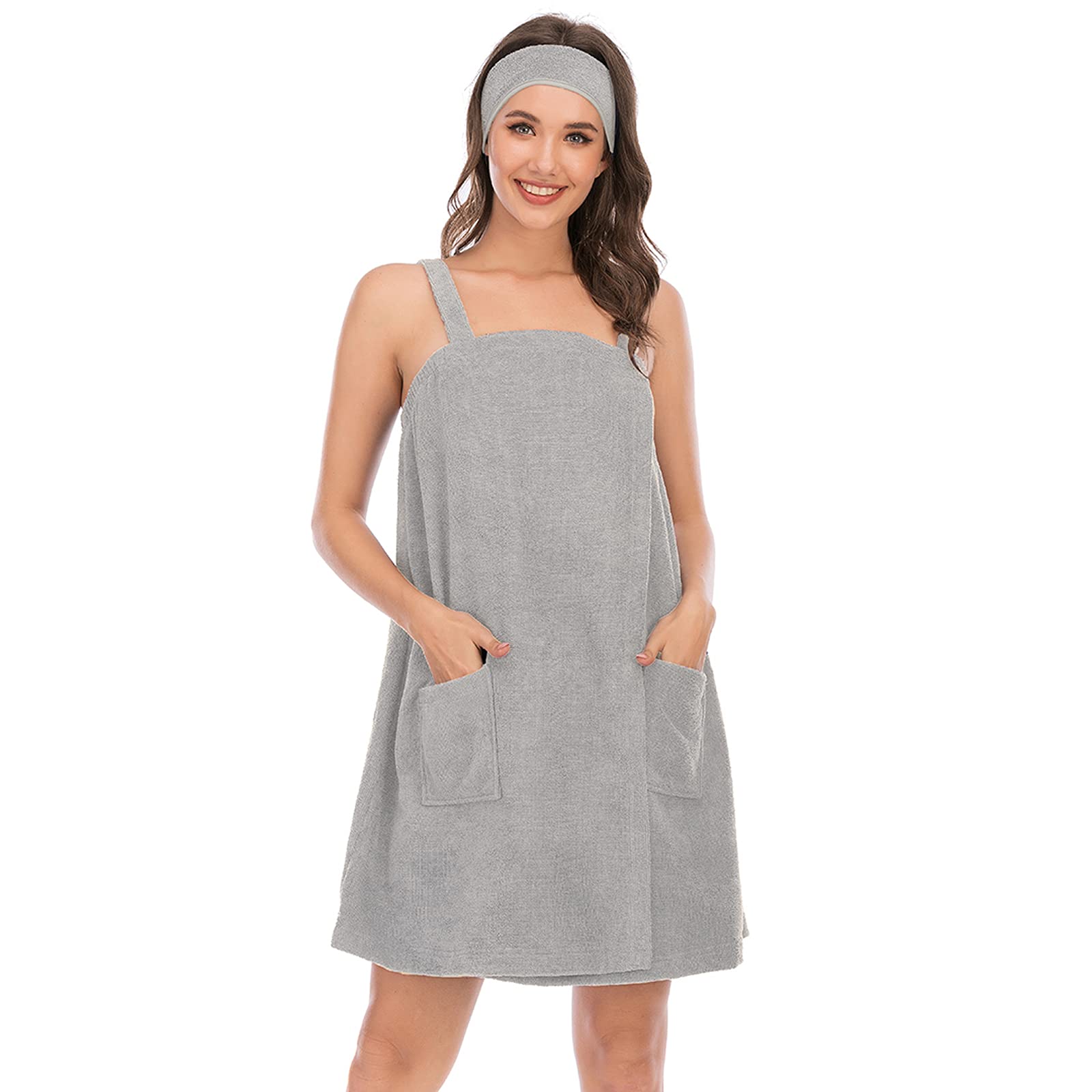 Jamron Womens Adjustable Towel Wraps Bathrobe With Headband for Gym Shower Spa & Beach Cover Ups Grey XXL