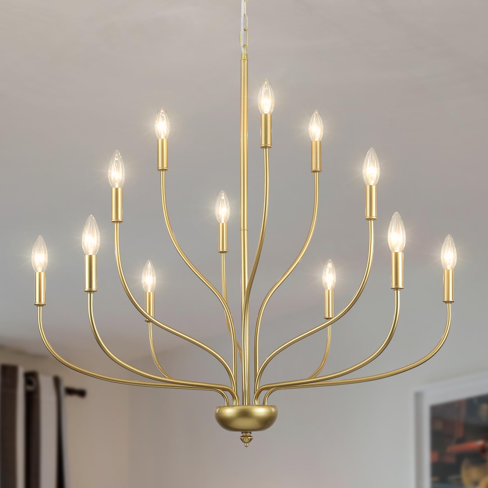 Photo 1 of YLCHYTDZSW Modern Gold Chandelier for Dining Room,12-Light Gold Chandeliers,34 Inch Large Industrial Hanging Light Fixture for High Ceilings for Living Room, Kitchen, Entryway,Foyer
