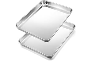 10.4inch Toaster Oven Baking Pan Set (2Pcs), Joyfair Stainless Steel Small Cookie Tray Pans for Roasting Grilling Meat, Non Toxic & Healthy, Extra Thick Steel & Rolled Rim, Rust-free & Dishwasher Safe