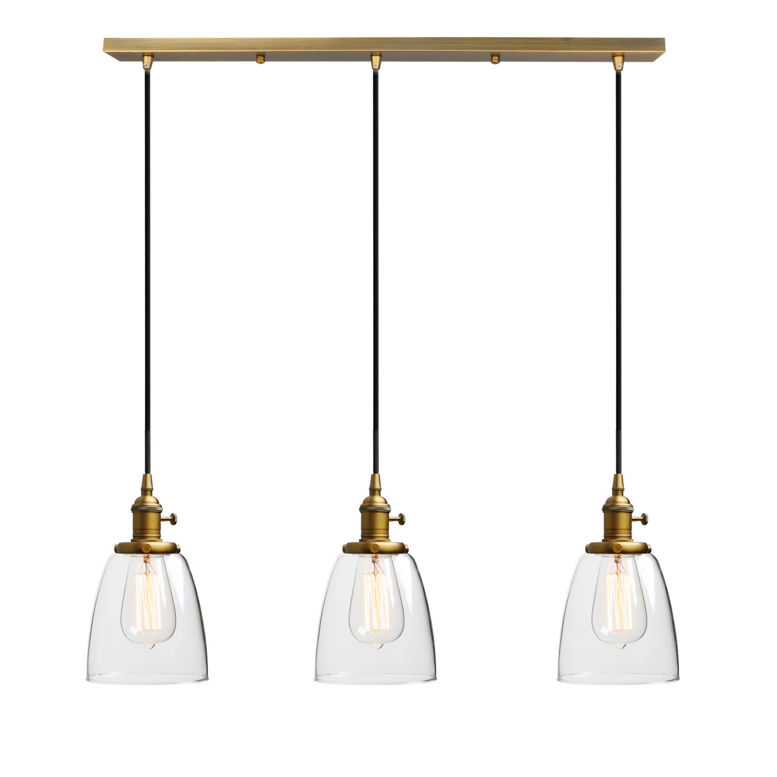 Phansthy Vintage Chandelier Pendant Light with 2m Adjustable Cord 3 Bell Shaped Glass Shade Ceiling Light Fixtures Industrial Style Hanging Lamps for Kitchen Bar Dining Room (Antique)