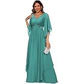 Women's Chiffon Mother of The Bride Dresses with 3/4 Sleeve A-Line Ruched Lace Applique V Neck Formal Gowns