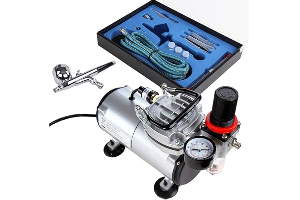 Timbertech Airbrush Compressor Kit ABPST05, Single Piston Quiet 1/6hp Compressor, Multi-purpose Gravity Feed Airbrush Kit wit
