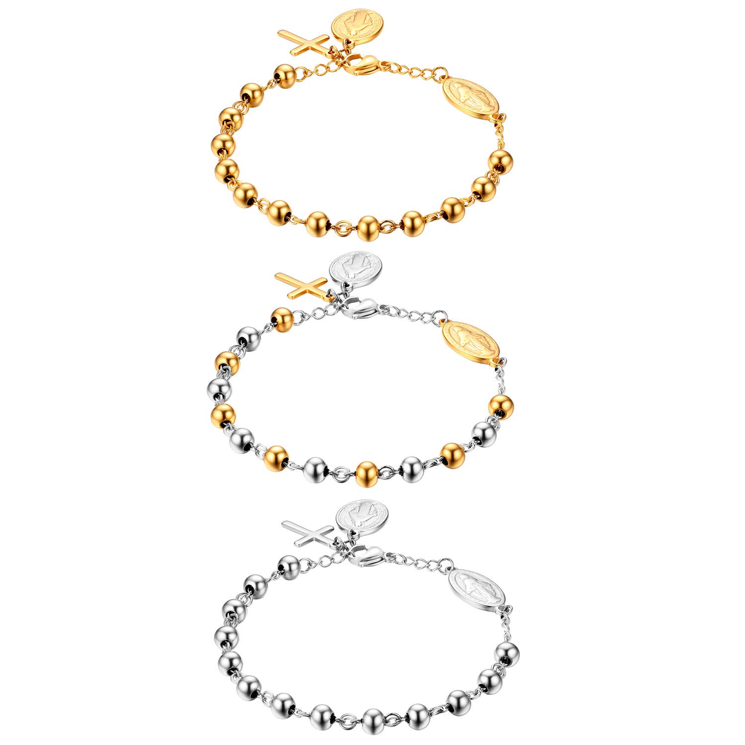 Cupimatch 3pcs Unisex Christian Jesus Crucifix Cross Rosary Beads Pendant Bracelet, Adjustable Gold Vintage Stainless Steel Charm Link Chain Bracelet 7.8"