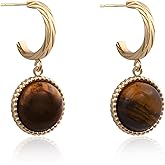 14k Gold Plated Tiger Eye Earrings Dangle Earrings Half Open Hoop Large Drop for Fashion Jewelry