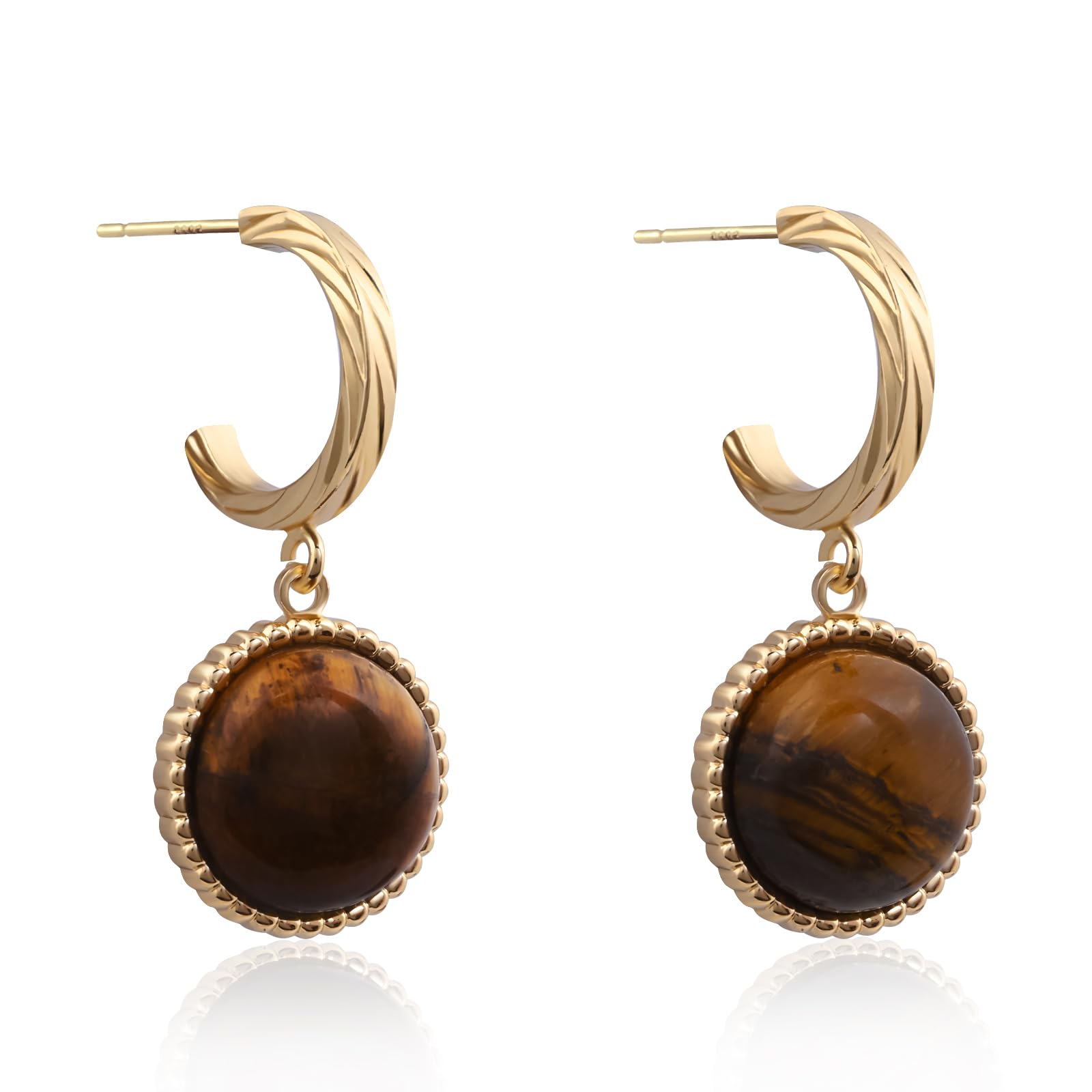 Photo 1 of Tiger Eye Gemstone Earrings 14k Gold Plated Dangle Drop Earrings Gold Hoop Stud Earrings for Women Fashion Jewelry