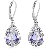 Eusense Birthstone Moonstone Turquoise Teardrop Dangle Earrings for Women Sterling Silver Pear-shaped Stone Tree of Life Animals Leverback Earrings Jewelry