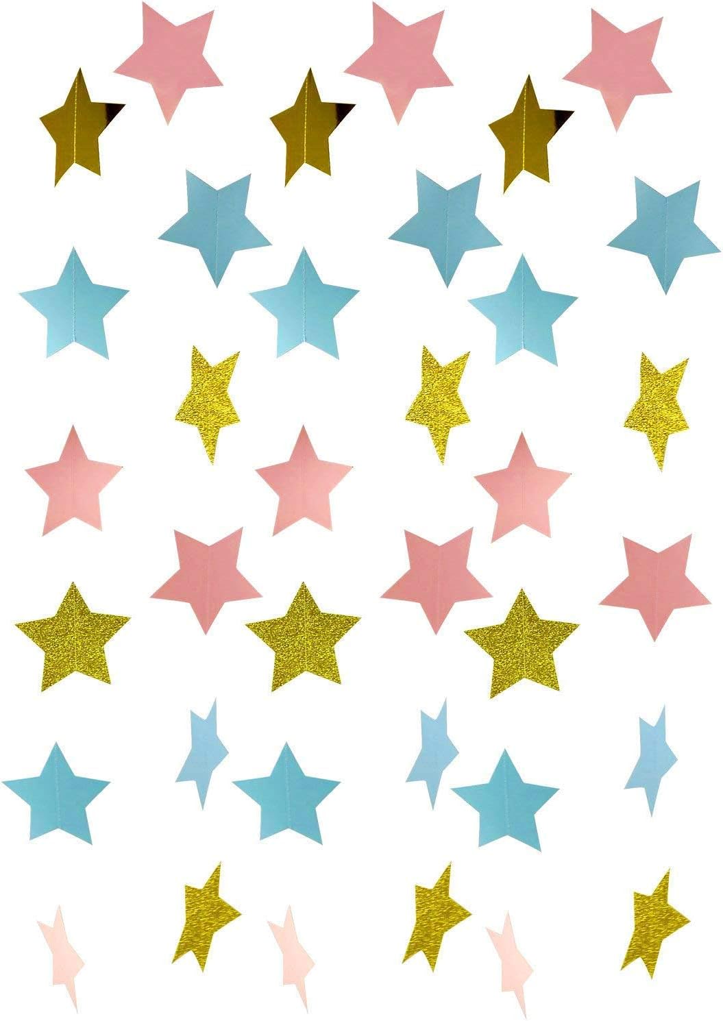Gender Reveal Party Decorations Furuix 2pcs Twinkle, Twinkle Pink Blue Gold Paper Star Garland Star String for Baby Shower Decorations Birthday Decor/Boy or Girl Gender Reveal Party Supplies