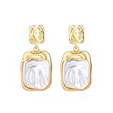 Baroque Pearls Drop Dangle Earrings for Women, Irregular 14K Gold Hammered Pearls Statement Earrings Trendy Aesthetic Prom Ear Jewelry for Anniversary