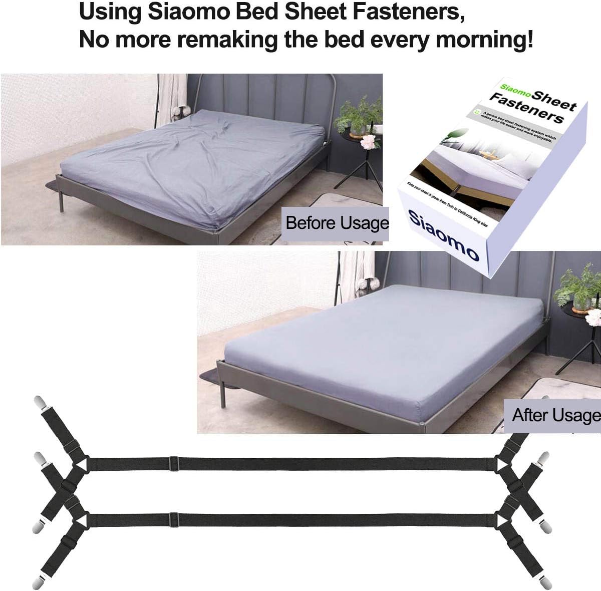 Siaomo Bed Sheet Holder Straps - Adjustable Crisscross Sheet Clips Elastic Band Fitted Bed Sheet Fasteners Suspenders Grippers Clip,2Pcs/Set Black: Home & Kitchen