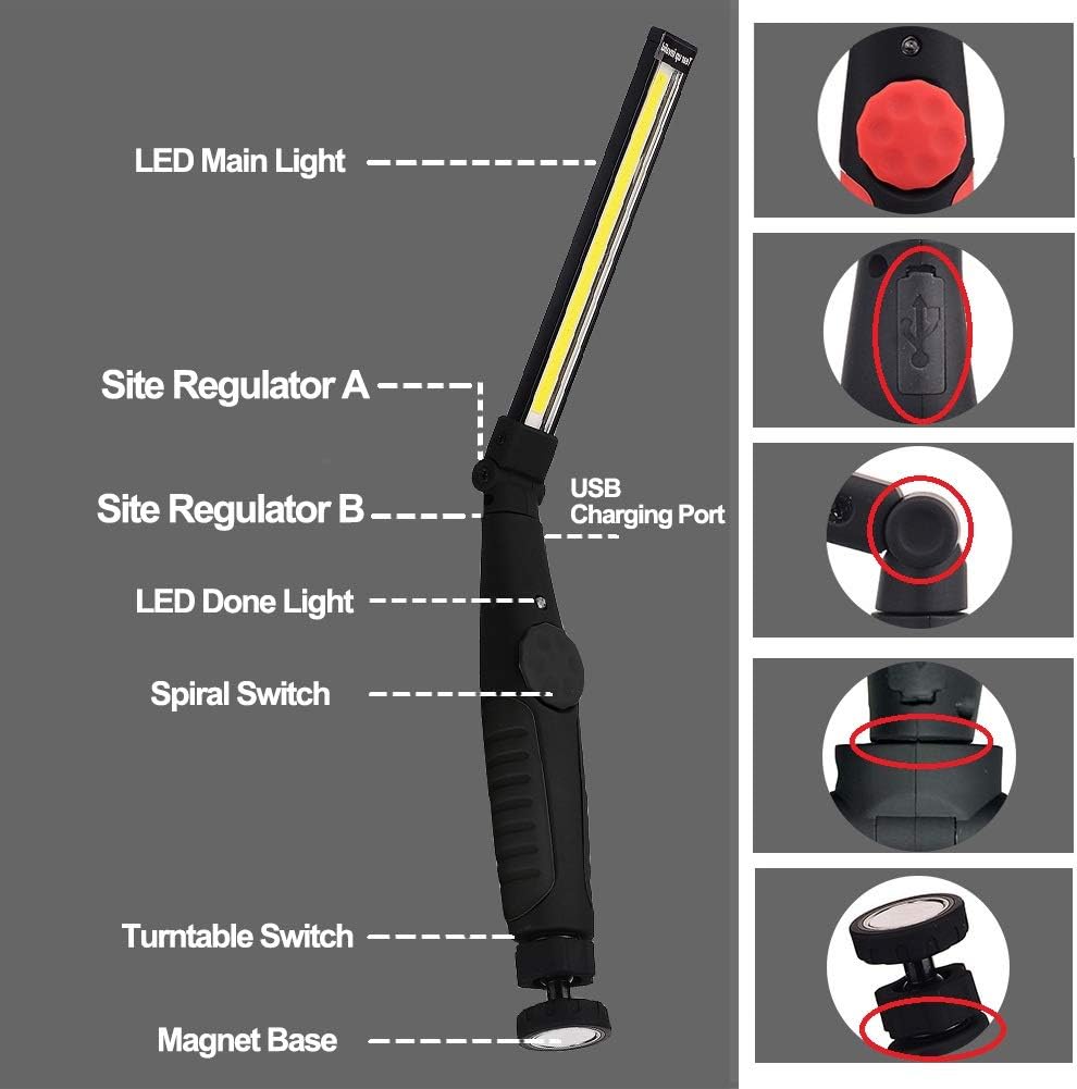 Lampe De Travail Led Rechargeable Avec Aimantee Et Usb Pliable Rotation A 360 Degre Lampe Dinspection Pour Atelier De Menage Camping En Plein Air Randonnee Lampe Inspection Led Rechargeable Rouge Outils Et