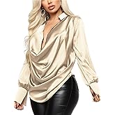 LYANER Women's Satin Collar Neck Drape Ruched Front Long Sleeve Blouse Shirt Top