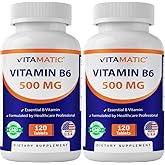 Vitamatic Vitamin B6 (Pyridoxine HCI), 500 mg – 120 Vegetarian Tablets - 2 Pack Promotes Energy Production, Boosts Metabolism & Immune Health Support