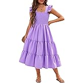 RETSUGO Girls Dresses Summer Flutter Sleeve Swing Casual Solid Color Tiered Smocked Dress 6-14 Years Old