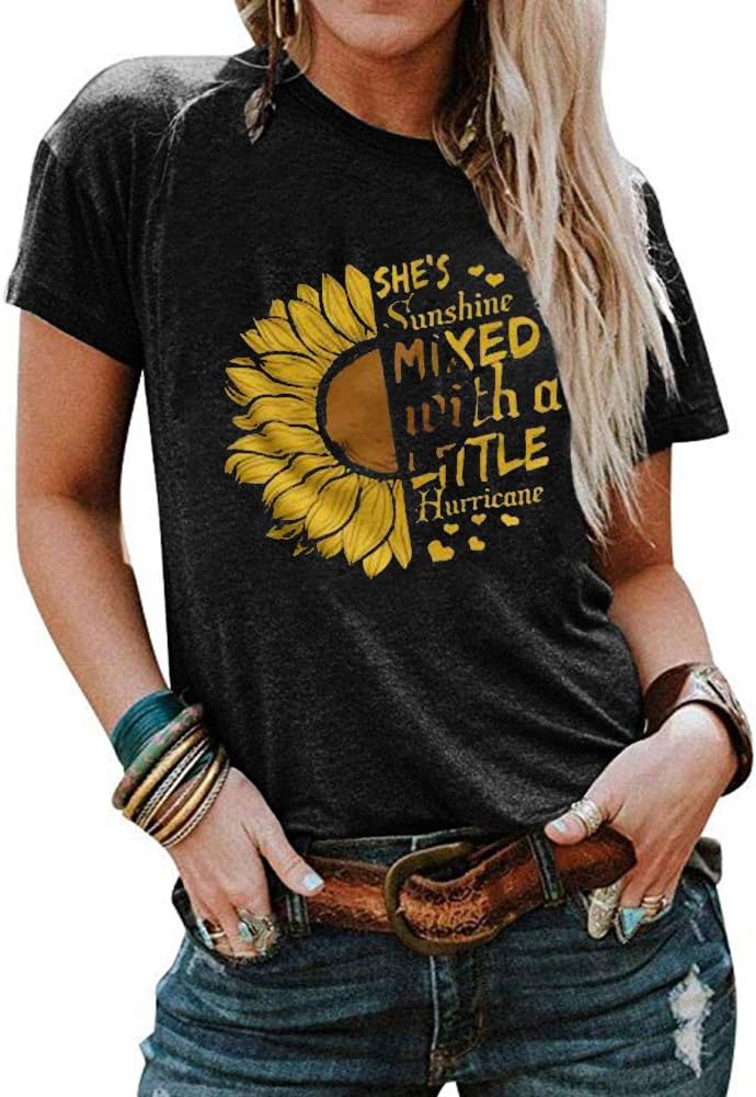 Qianxitang Women's Sunflower Graphic Letter Print Tops Short Sleeve Round Neck Summer Casual T Shirt Blouses Tees