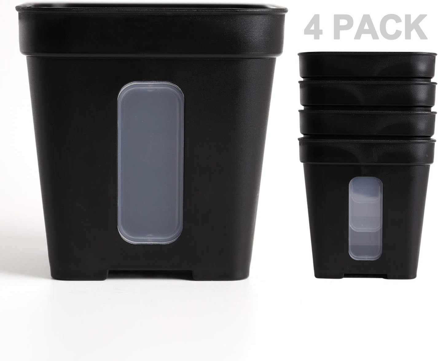 FIVEAGE 4 Pack Black Square 3.93” x 3.93” Plastic Flower Pots, Plant Nursery Pot for Starting Seedlings or Succulents