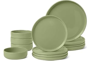 �鶹�� Basics Glazed Stoneware Dinnerware, 12-Piece Set, 4 Full Place Settings, Dishwasher-Safe, Olive
