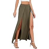 Zando Women's Double Slit Maxi Skirt - High Elastic Waist Flowy Long Split Skirt