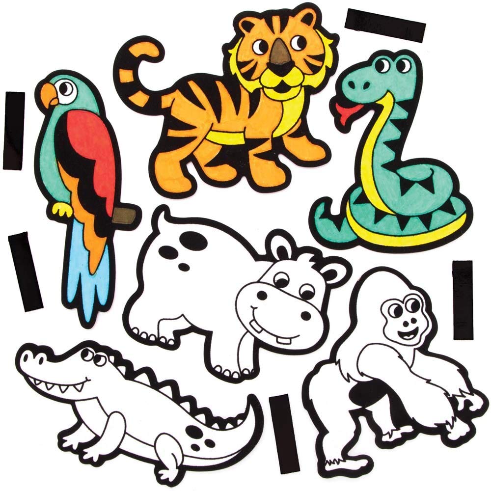 Baker Ross FE225 Jungle Animal Colour-In Art Magnets - Pack of 15, Kids' Fridge Magnets, Make Your Own Magnets Craft Kit
