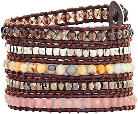 Babao Jewelry Pink Brown Facets Silver Natural Stone 4mm Beads Leather 5 Wraps Bracelet
