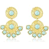 Bohemian Circle Turquoise Dangle Drop Earrings Vintage Gold Plated Round Geometry Blue Birthstone Ball Statement Dangling Studs Hypoallergenic Evening Party Jewelry