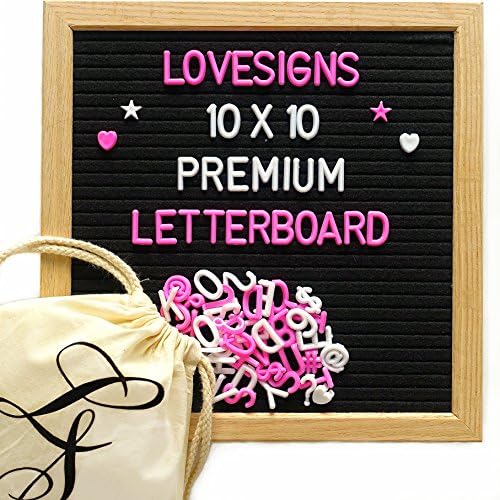 LoveSigns Letter Boards - Premium Changeable Felt Letter Board | 600 White and Pink Characters | 10 x 10 Inch Square Oak Frame | Black Felt Backing | Custom Canvas Storage Bag