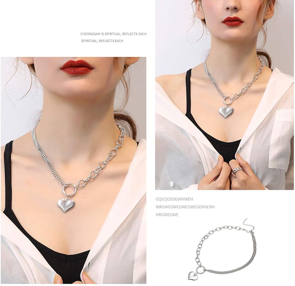 Huture Punk Rapper Style Necklace Jewelry Love Heart Shaped Pendant Retro Asymmetry Choker Collar Chain Necklace Locket Simple Shaped Plain Fine Gift for Women Teens Girls Charm, Silver : Clothing