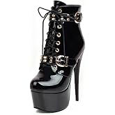 Women Sexy Super High Heels Platform Side Zipper Ankle Boots Fashion Lace Up Buckle Rivets Decoration Stiletto Short Booties