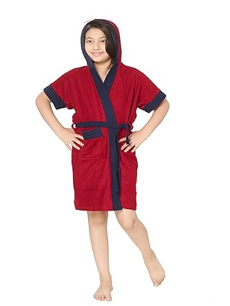 ELEVANTO Premium Collection Half Sleeve Soft Terry Bathrobe with Hood(Red with Blue Strips)