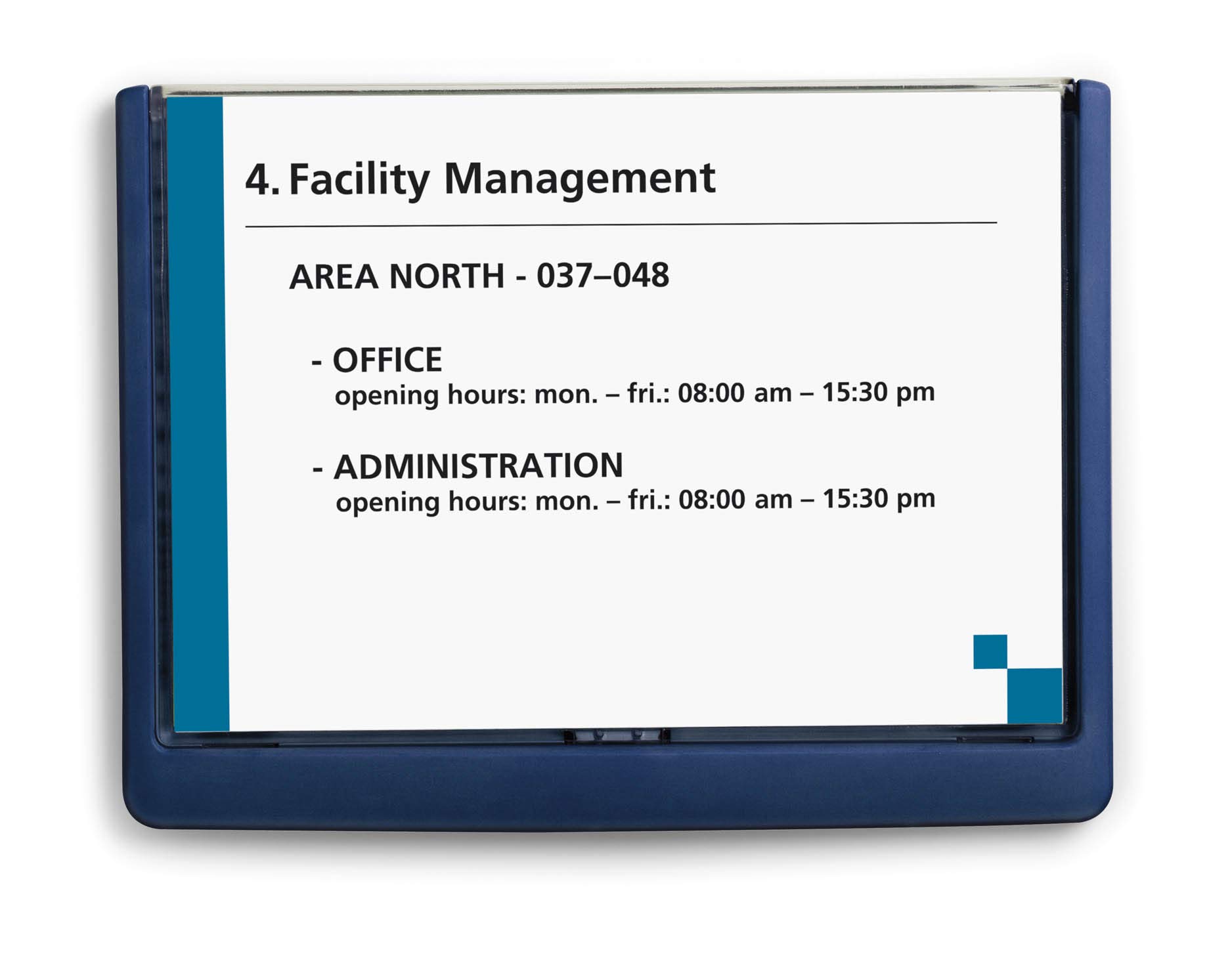 Durable Click Information Sign 210 x 148.5 mm Dark Blue | Door and Wall Sign | Includes Fittings | Ideal for Offices, Hotels, Public Buildings, etc. — image 1