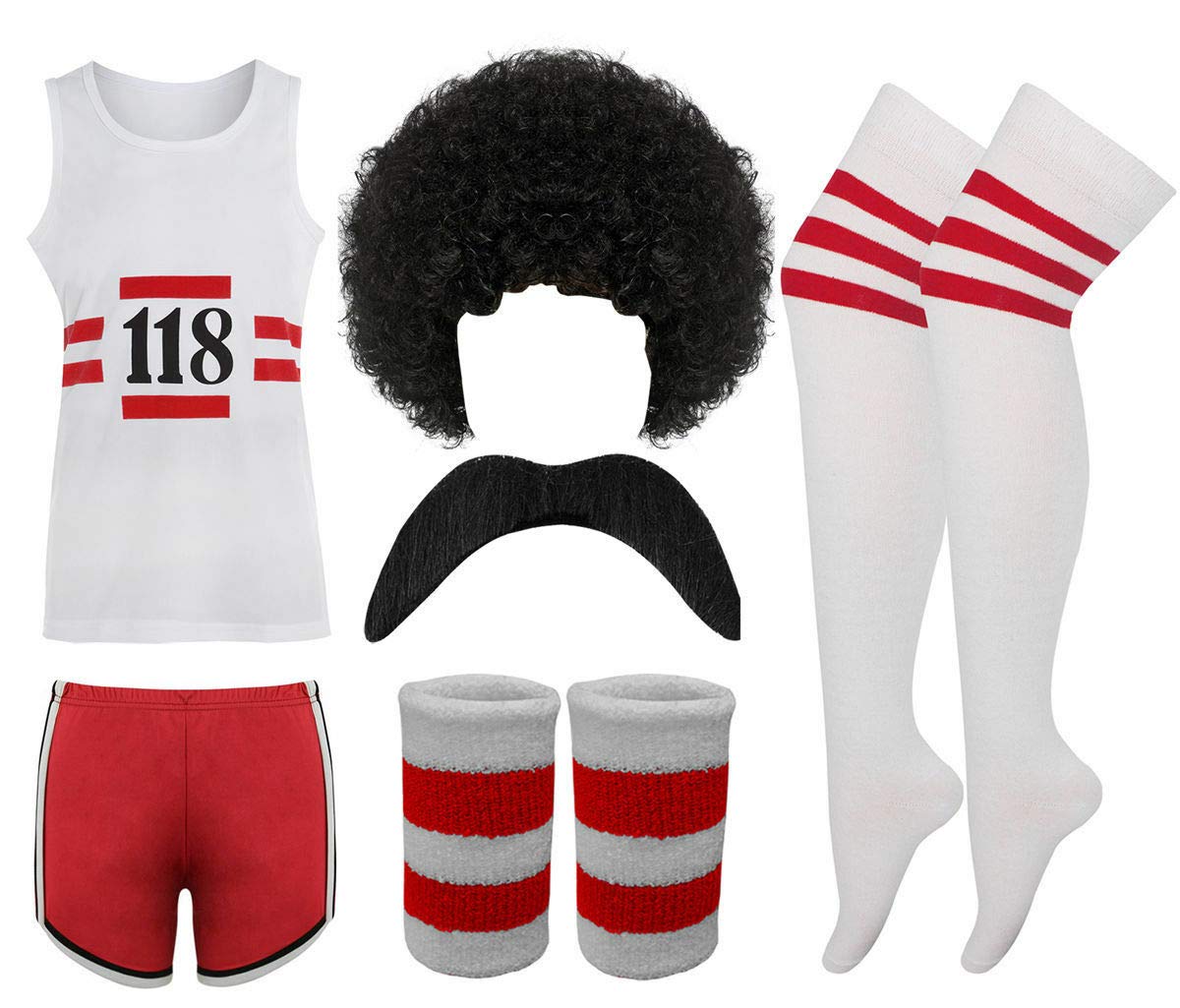 FASHIONISM Mens Womens 118 Fancy Dress Costume Adults 118 Print Vest Stripe Shorts Tash Wig Wristband and Referee Socks Set (6Pcs Set X-Large)