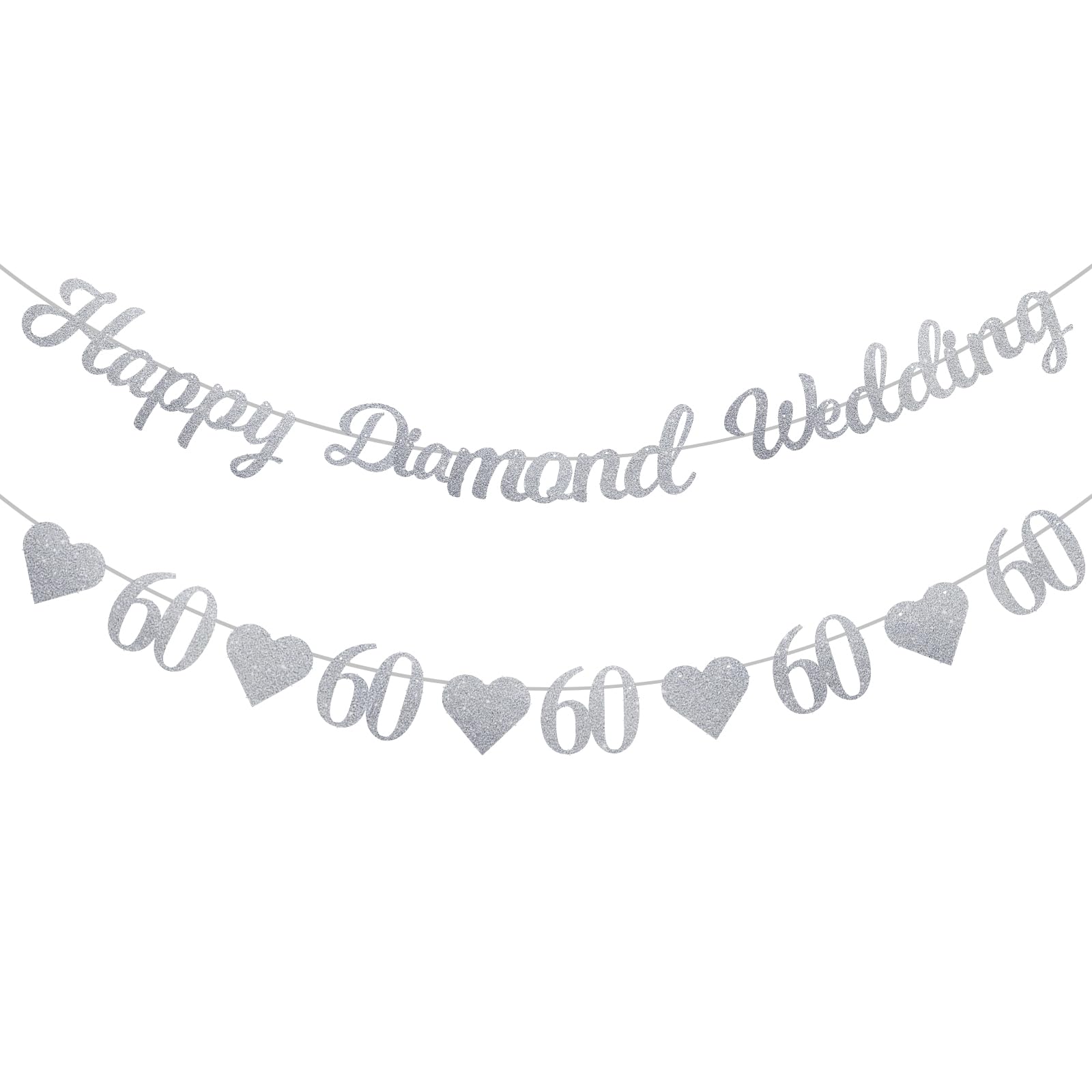 Moorle 60th Diamond Wedding Banner, Silver Glitter 60th Wedding Anniversary Decorations, Happy Anniversary Banner, Silver Heart Bunting — image 1