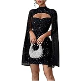 MakeMeChic Women's Mock Neck Sparkly Mini Dress Cloak Sleeve Cocktail Bodycon Short Dresses