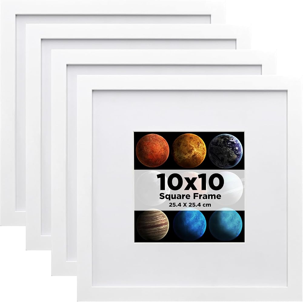 EGOFINE 10x10 White Photo Frame Set of 4 Solid Wood with Acrylic Glass