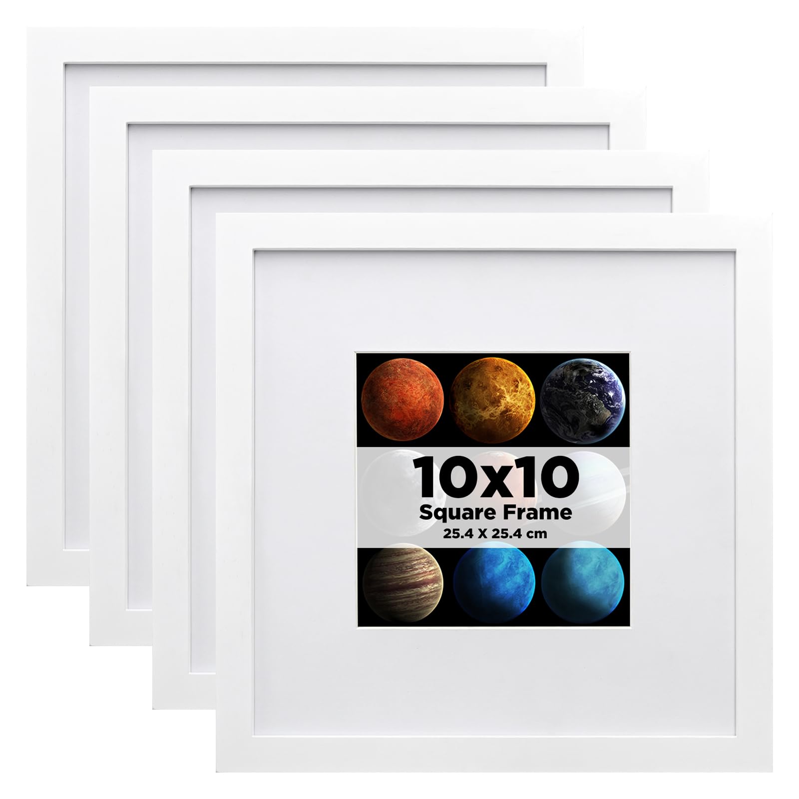 EGOFINE 10x10 Photo Frames White Set of 4, Made of Solid Wood with Acrylic Glass for Photos 6x6 with Mat or 10x10 without Mat, Tabletop and Wall Mounting Display