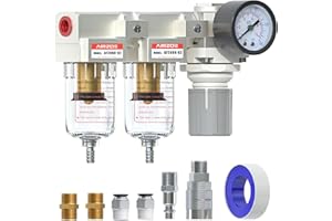 AIRZOE 1/4" NPT Air Dryer for Compressor-Air Compressor Water Separator AC2110-02,Double Air Compressor Filter,Air Pressure Regulator Combo,5 Micron Brass Element,Semi-Auto Drain,0-145 psi Gauge