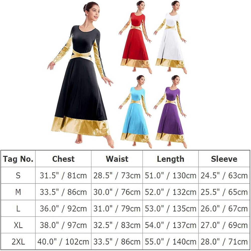 Metallic Gold Color Block Praise Liturgical Lyrical Dancewear for Womens Cross Dance Loose Full Dress Long Sleeve Costume: Clothing