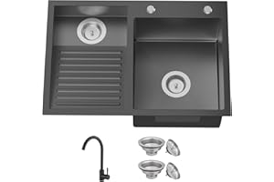 FAUENPEEY Black Stainless Steel Laundry Sink With Washboard-27.5 x 18.9 Inch Laundry Drop In Double Bowl Topmount Sink Come With Faucet And Drain Assembly Dedicate Washboard Zone Add Convenience To Laundry Room