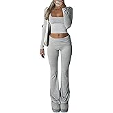 GFU Lounge Sets for Women 2 Piece Outfits Square Neck Long Sleeve Crop Top Foldover Flare Pants Casual Yoga Workout Sets