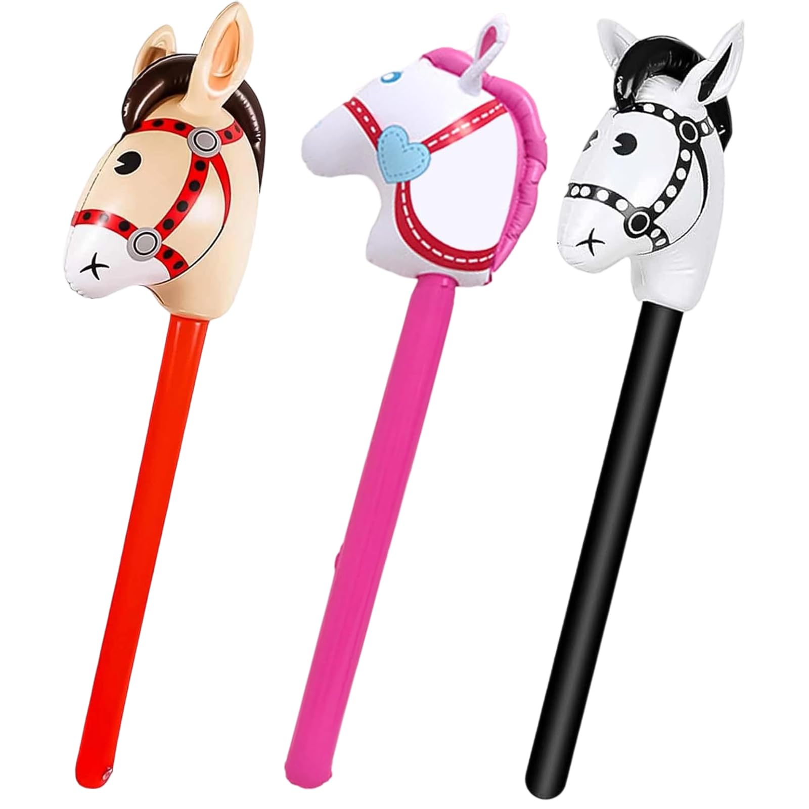 3 PCS Inflatable Horse, Hobby Horse Balloon Sticks Red Pink Black Interesting Design Easy to Use, Suitable for Decorating Birthday Parties, Pony Parties, Carnivals, Christmas