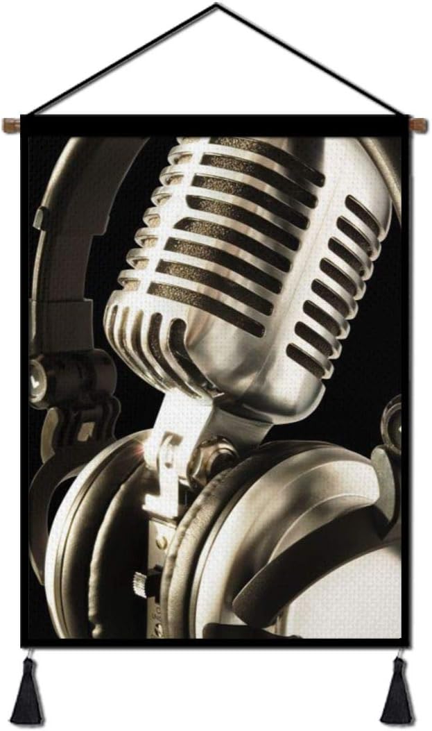 Music Notes Microphone Canvas Poster Hanging, Decorative Wall Art for Home Office Living Room Bedroom with Hanger Scroll Frame Ready to Hang