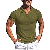 Gnvviwl Men's Muscle V Neck Polo Shirts Slim Fit Short Long Sleeve Cotton Golf T-Shirts Ribbed Knit Soft Tees