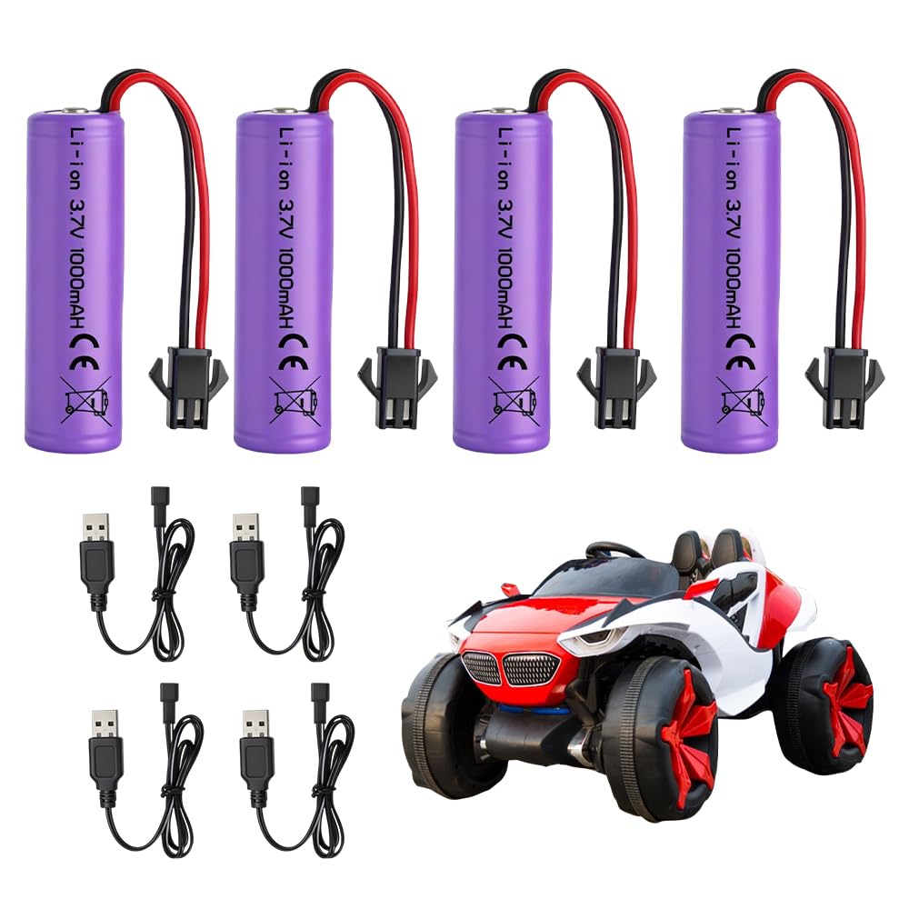 Wxeadu 4 PCS 3.7V 1000mah Li-Ion Battery, 3.7 volt rechargeable battery with 4 USB Charging Cable SM-2P plug, 3.7V RC Battery, Universal Li-ion Battery for RC vehicles, boats, tanks, cars, robots
